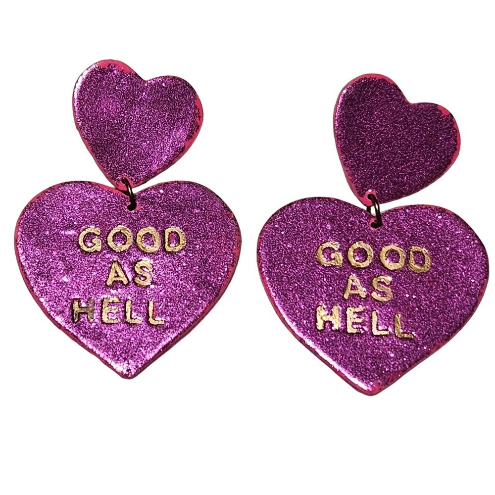 Handmade Pink Heart Shaped Good As Hell Glitter Dangle Earrings Fashion Jewelry